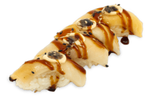 Nigiri flambeado de pez mantequilla con trufa y salsas